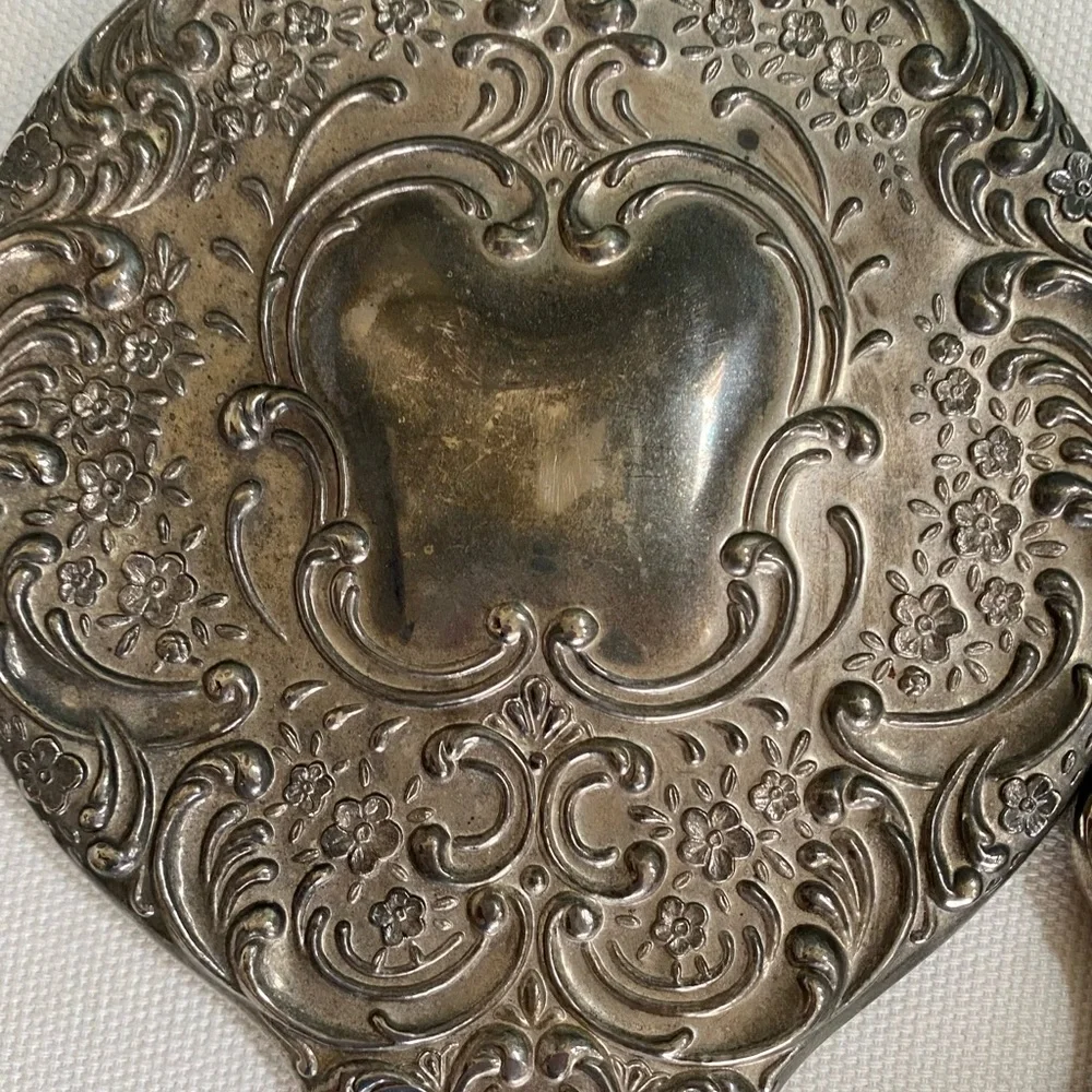 Vtg 3 Piece Vanity Set Art Nouveau Floral Mirror Brush Comb Heavy Silver Plate